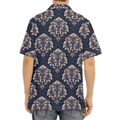 Blue And Brown Damask Pattern Print Aloha Shirt