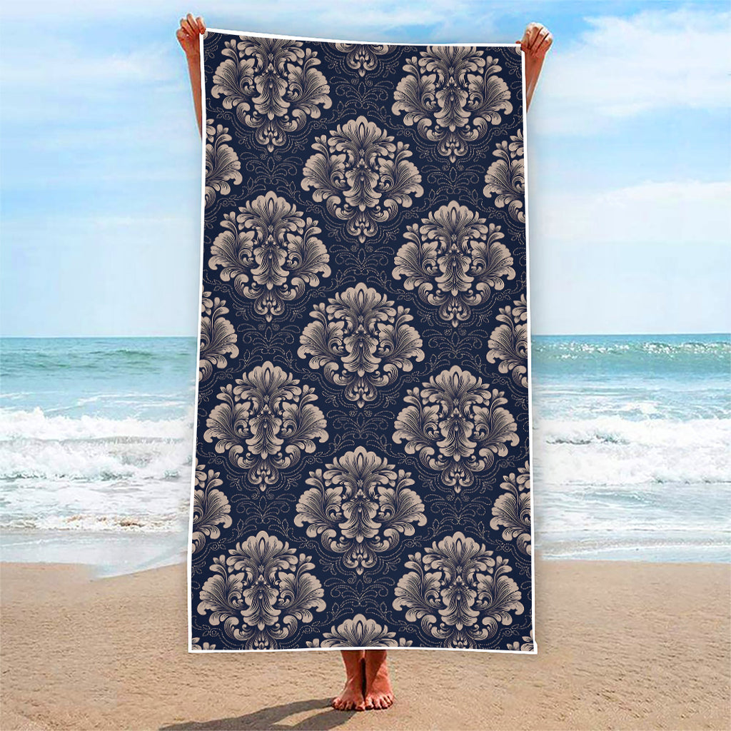 Blue And Brown Damask Pattern Print Beach Towel