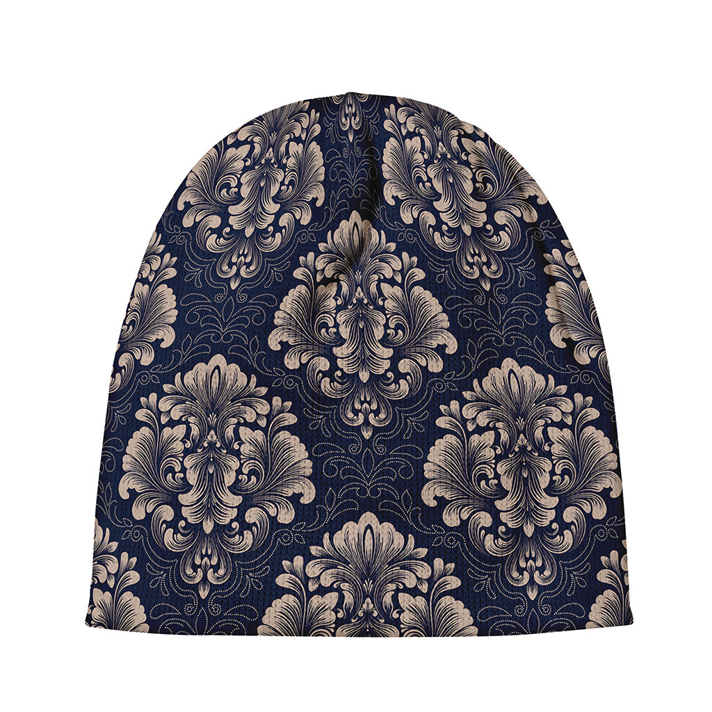 Blue And Brown Damask Pattern Print Beanie