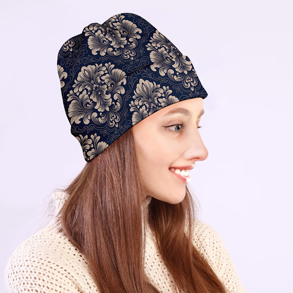 Blue And Brown Damask Pattern Print Beanie