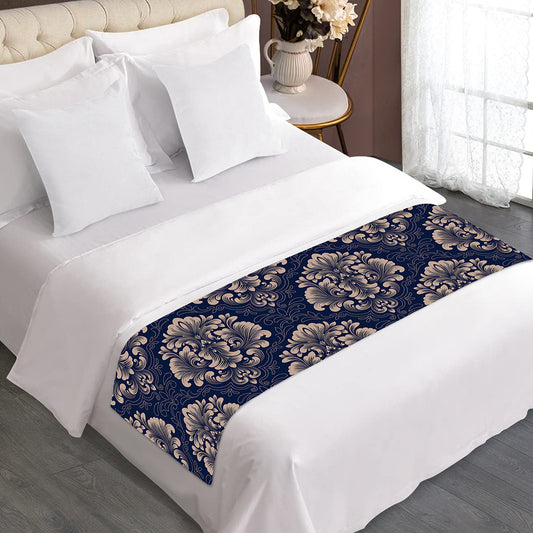 Blue And Brown Damask Pattern Print Bed Runner