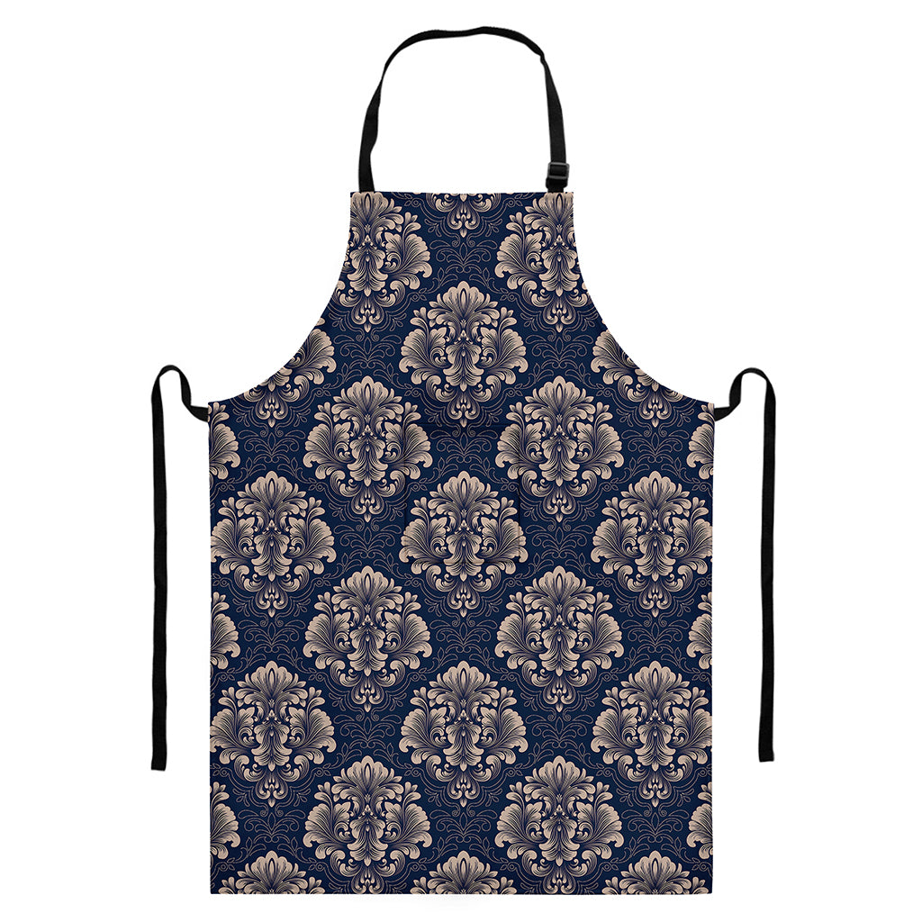 Blue And Brown Damask Pattern Print Bib Apron With Pocket