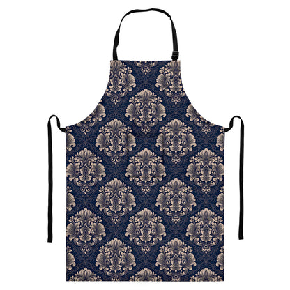 Blue And Brown Damask Pattern Print Bib Apron With Pocket