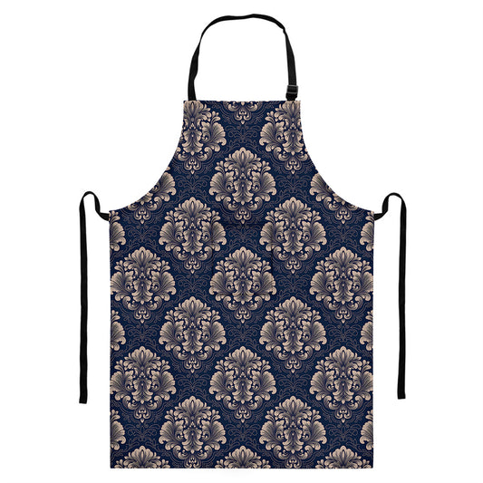 Blue And Brown Damask Pattern Print Bib Apron With Pocket