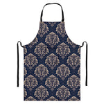 Blue And Brown Damask Pattern Print Bib Apron With Pocket