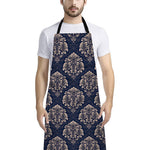 Blue And Brown Damask Pattern Print Bib Apron With Pocket
