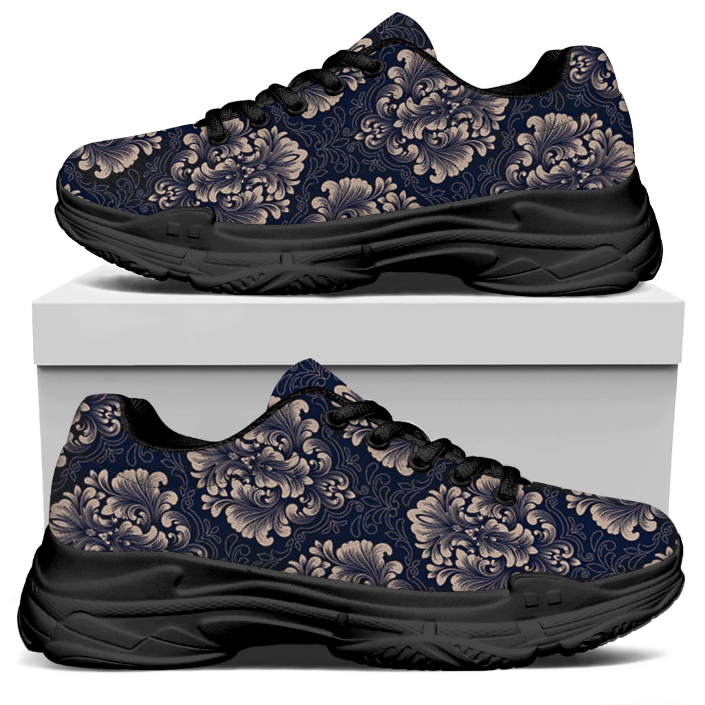 Blue And Brown Damask Pattern Print Black Chunky Shoes