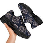 Blue And Brown Damask Pattern Print Black Chunky Shoes