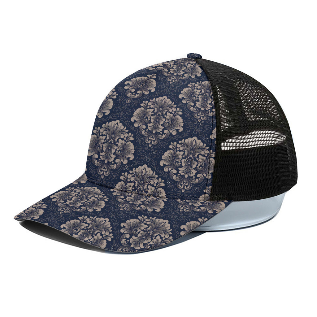 Blue And Brown Damask Pattern Print Black Mesh Trucker Cap