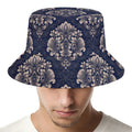 Blue And Brown Damask Pattern Print Bucket Hat
