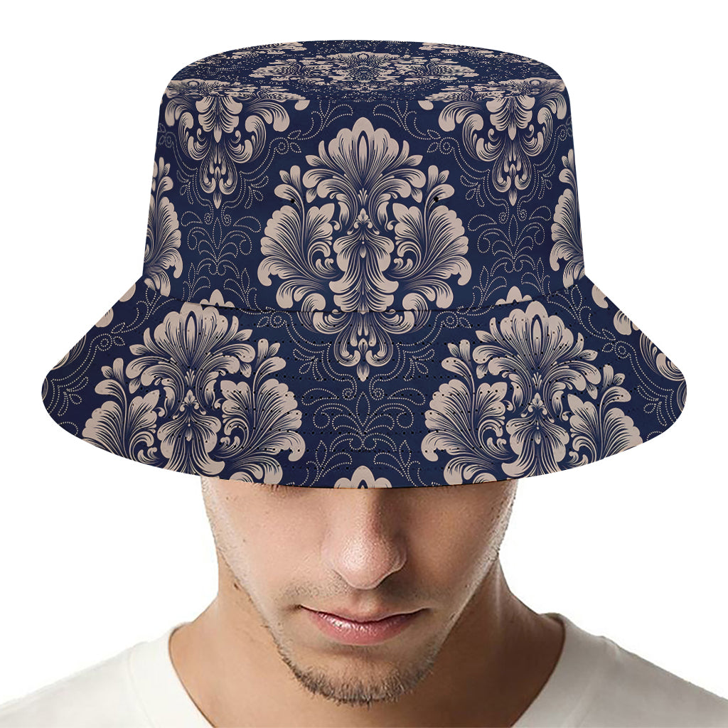 Blue And Brown Damask Pattern Print Bucket Hat