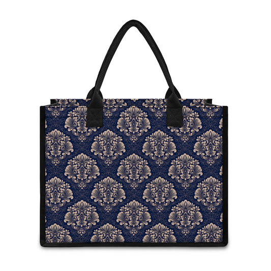 Blue And Brown Damask Pattern Print Canvas Tote Bag