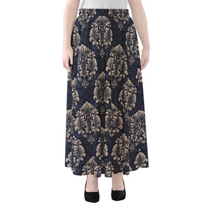 Blue And Brown Damask Pattern Print Chiffon Maxi Skirt