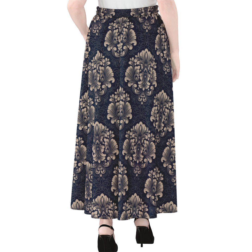 Blue And Brown Damask Pattern Print Chiffon Maxi Skirt