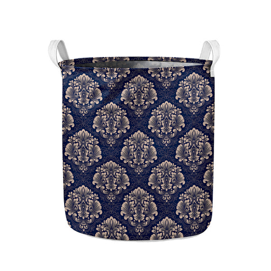 Blue And Brown Damask Pattern Print Collapsible Laundry Basket
