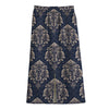 Blue And Brown Damask Pattern Print Cotton Front Slit Maxi Skirt