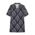 Blue And Brown Damask Pattern Print Cotton Hawaiian Shirt