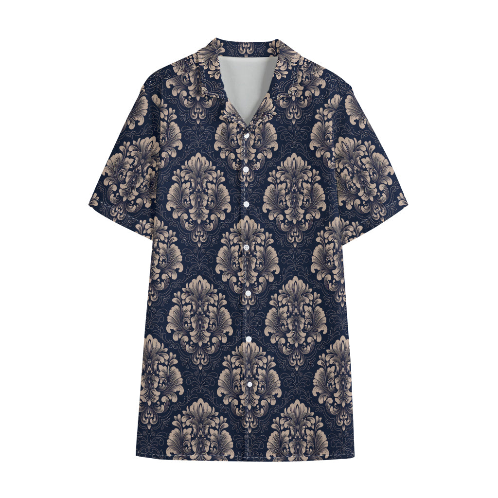 Blue And Brown Damask Pattern Print Cotton Hawaiian Shirt