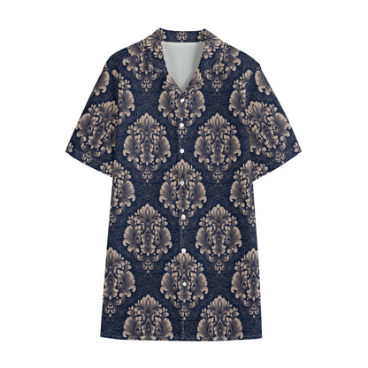 Blue And Brown Damask Pattern Print Cotton Hawaiian Shirt