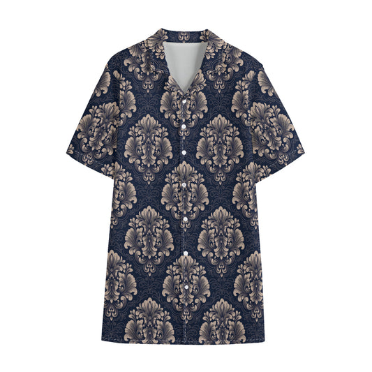 Blue And Brown Damask Pattern Print Cotton Hawaiian Shirt