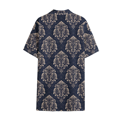 Blue And Brown Damask Pattern Print Cotton Hawaiian Shirt