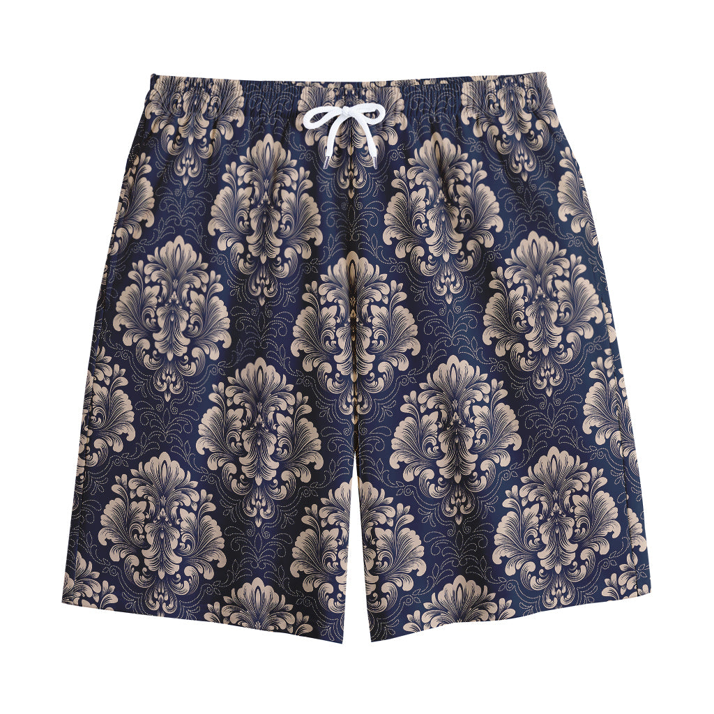 Blue And Brown Damask Pattern Print Cotton Shorts