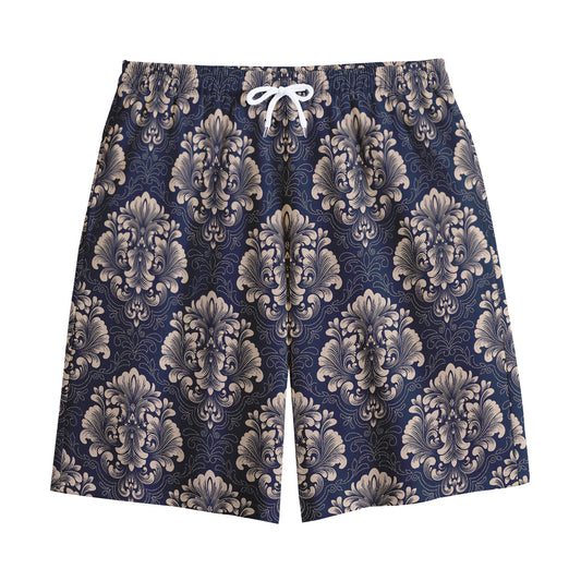Blue And Brown Damask Pattern Print Cotton Shorts