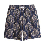 Blue And Brown Damask Pattern Print Cotton Shorts