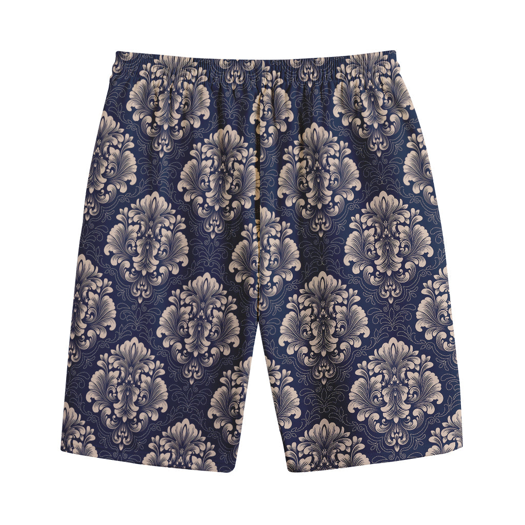 Blue And Brown Damask Pattern Print Cotton Shorts