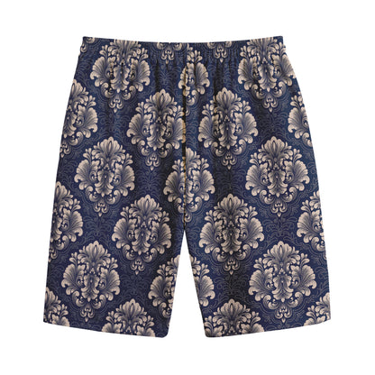 Blue And Brown Damask Pattern Print Cotton Shorts