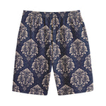 Blue And Brown Damask Pattern Print Cotton Shorts