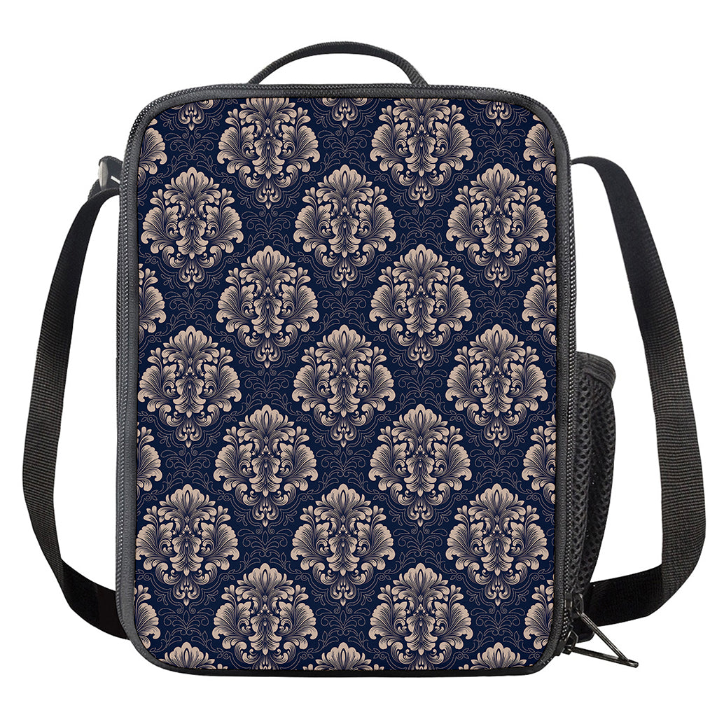 Blue And Brown Damask Pattern Print Crossbody Lunch Bag
