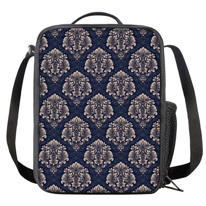 Blue And Brown Damask Pattern Print Crossbody Lunch Bag