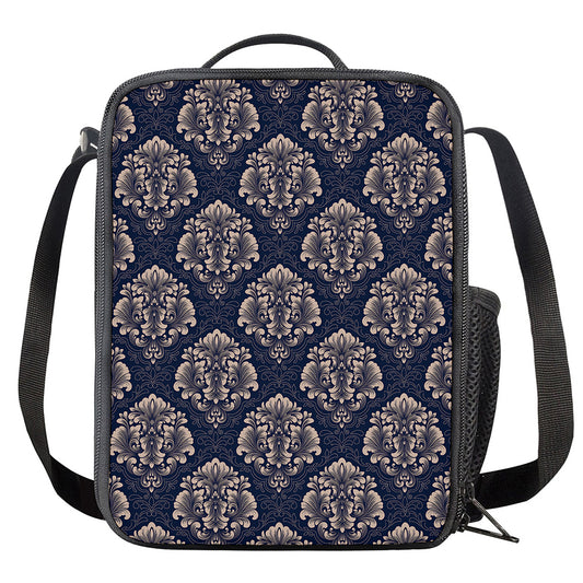 Blue And Brown Damask Pattern Print Crossbody Lunch Bag