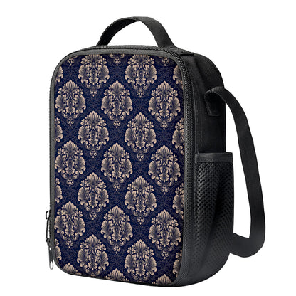 Blue And Brown Damask Pattern Print Crossbody Lunch Bag
