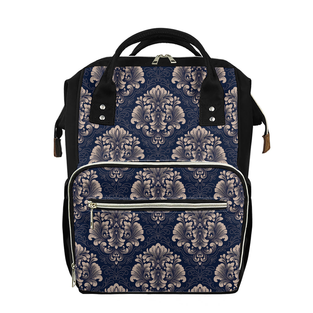 Blue And Brown Damask Pattern Print Diaper Bag