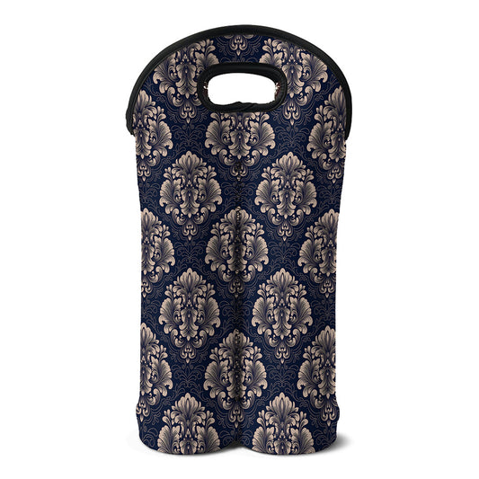 Blue And Brown Damask Pattern Print Double Neoprene Wine Tote