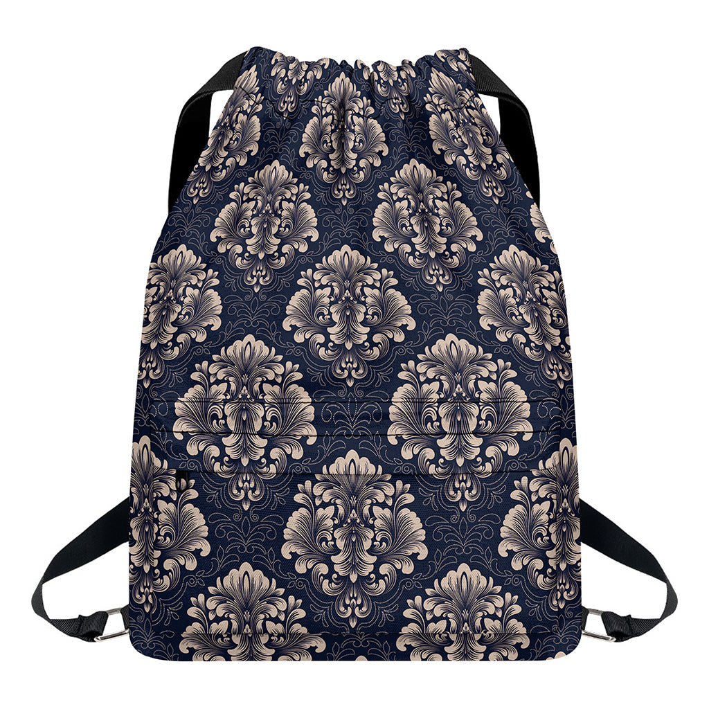 Blue And Brown Damask Pattern Print Drawstring Backpack