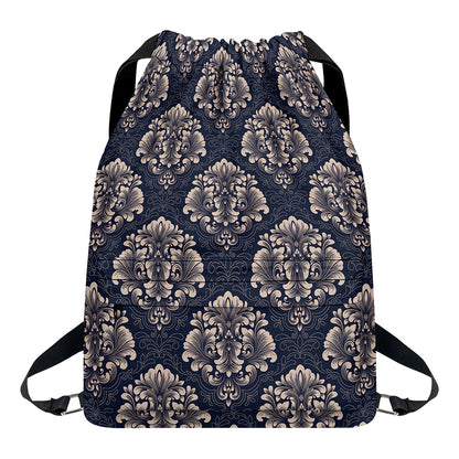 Blue And Brown Damask Pattern Print Drawstring Backpack