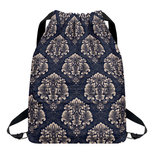 Blue And Brown Damask Pattern Print Drawstring Backpack