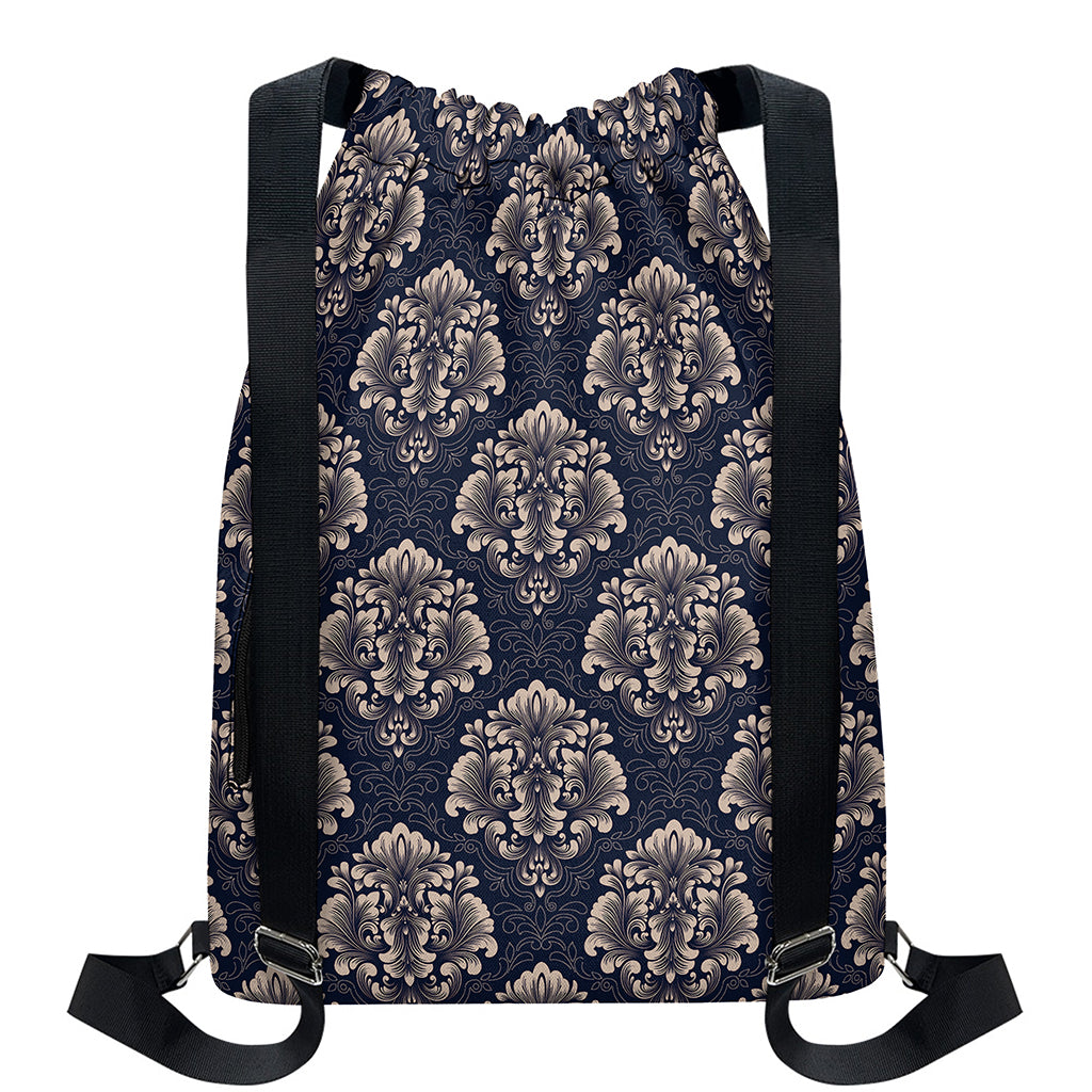 Blue And Brown Damask Pattern Print Drawstring Backpack