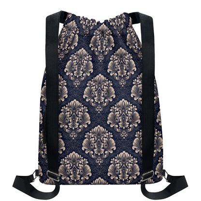 Blue And Brown Damask Pattern Print Drawstring Backpack