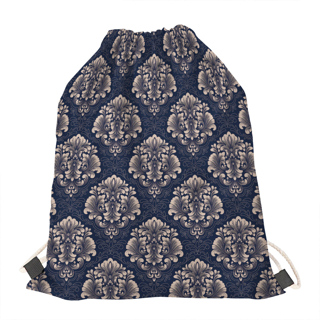 Blue And Brown Damask Pattern Print Drawstring Bag
