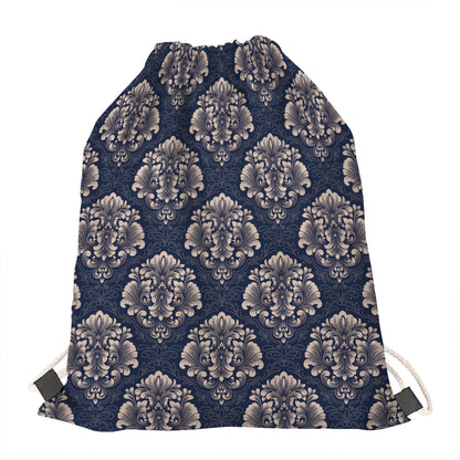 Blue And Brown Damask Pattern Print Drawstring Bag