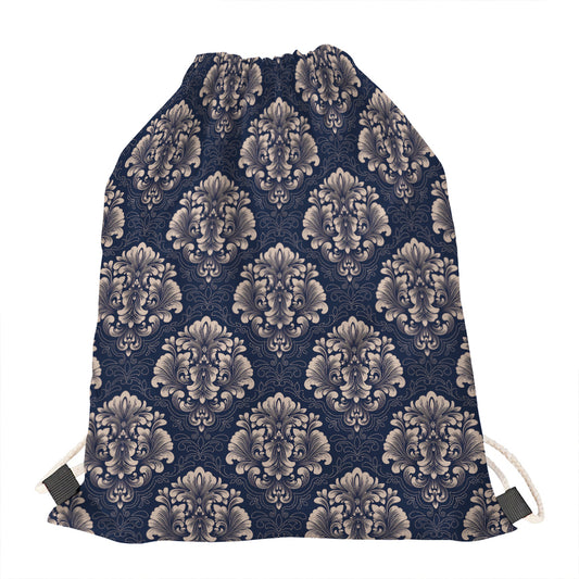 Blue And Brown Damask Pattern Print Drawstring Bag