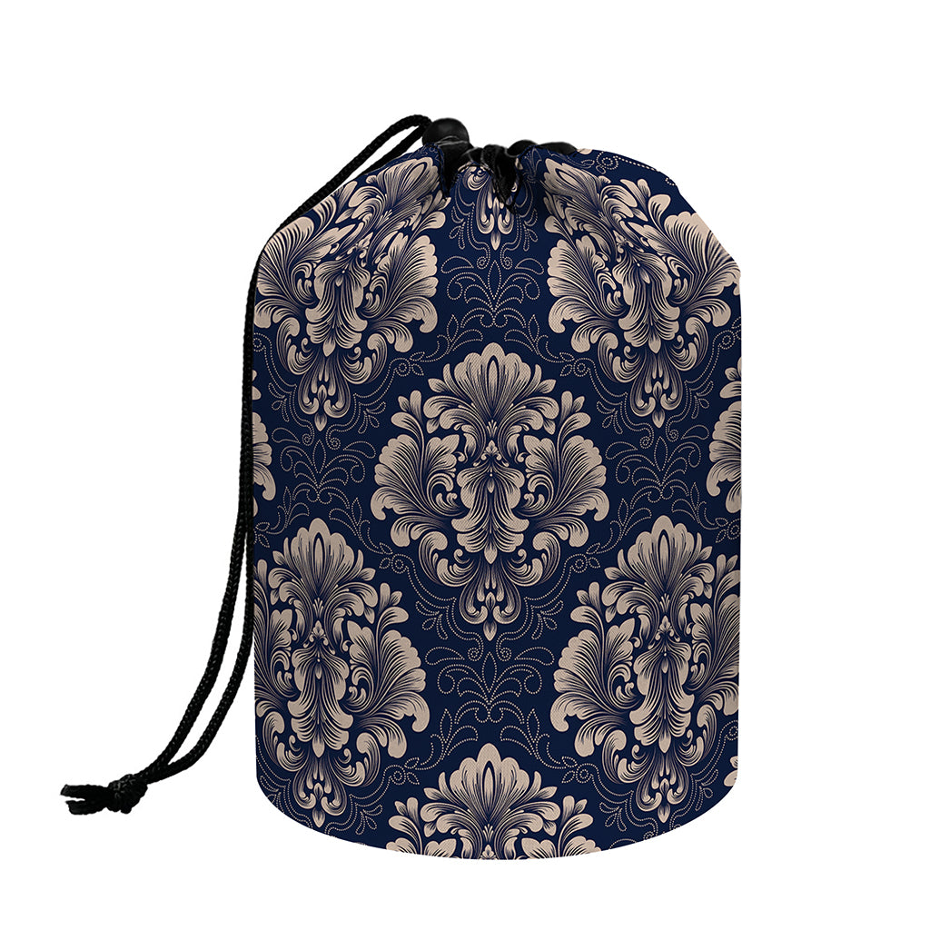 Blue And Brown Damask Pattern Print Drawstring Makeup Bag