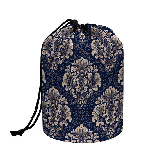 Blue And Brown Damask Pattern Print Drawstring Makeup Bag