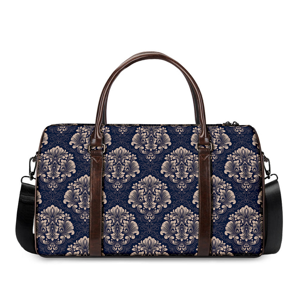 Blue And Brown Damask Pattern Print Duffle Bag