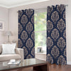 Blue And Brown Damask Pattern Print Extra Wide Grommet Curtains