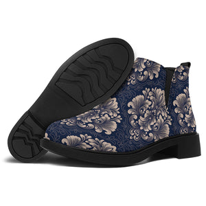 Blue And Brown Damask Pattern Print Flat Ankle Boots